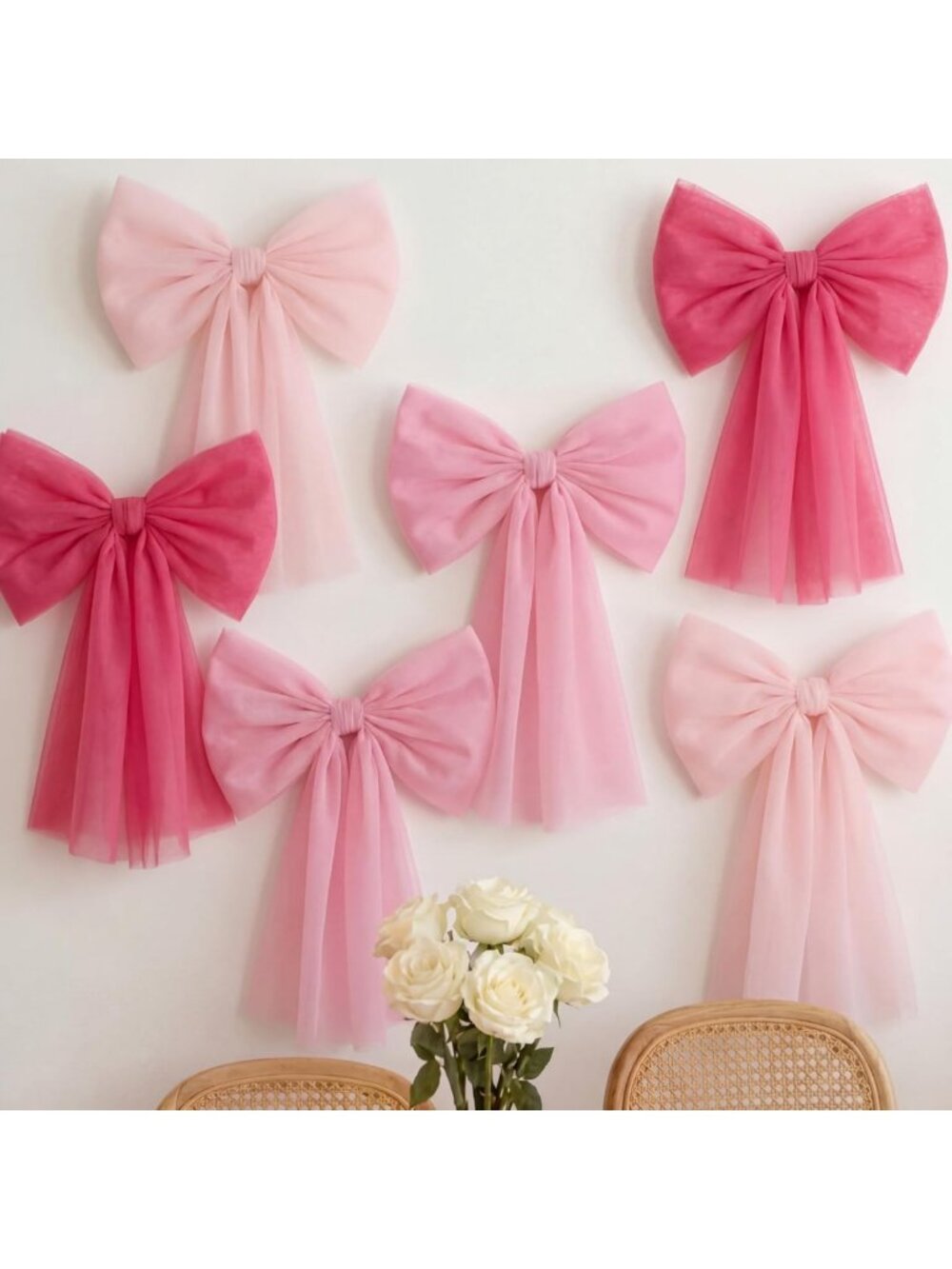 6 Large Pink Mesh Bows for Party Backdrop Decor - 31.5"x19.7" Event Styling